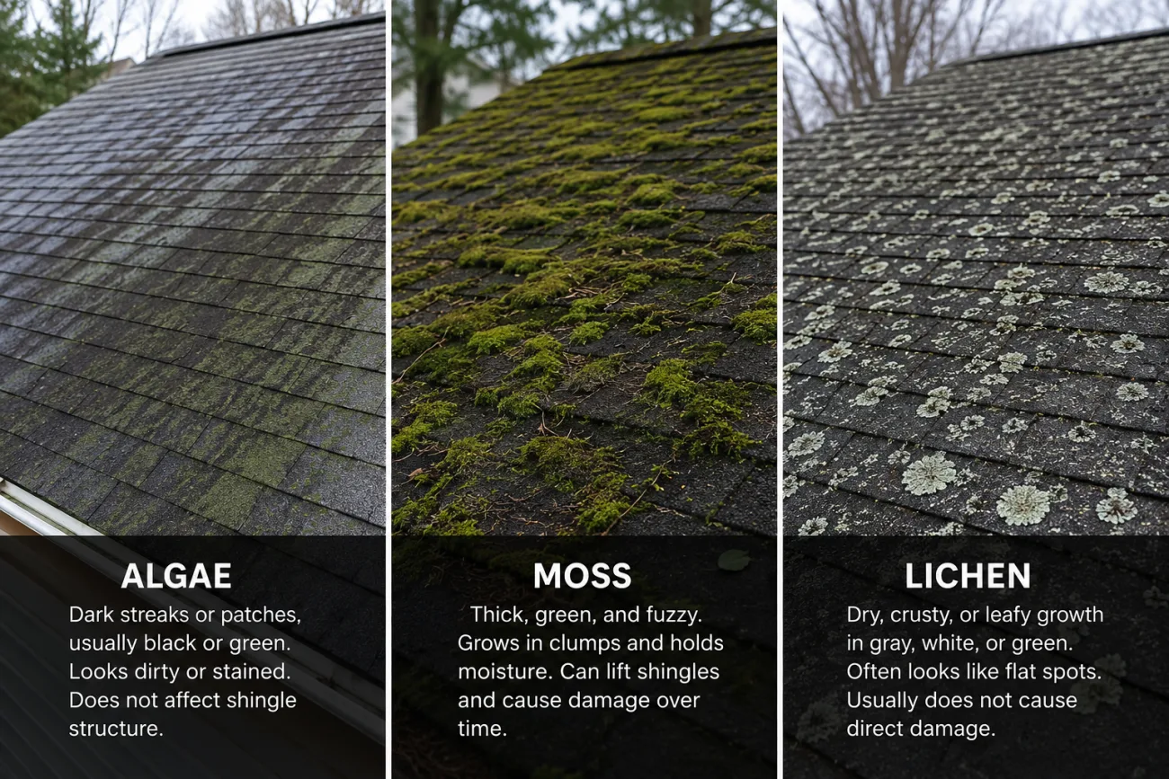 Side-by-side comparison of algae streaks, moss clumps, and lichen patches on roof shingles