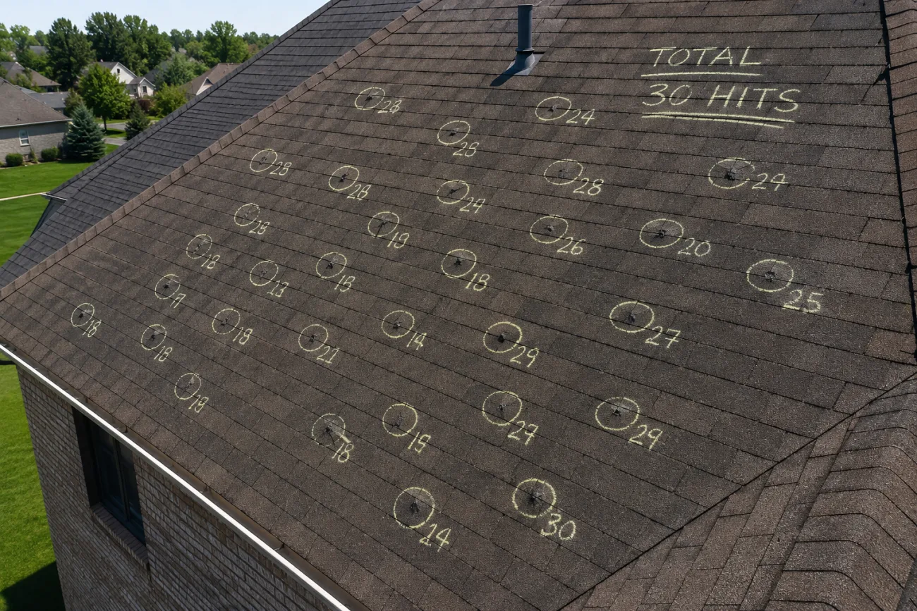 Roof inspection marking and counting hail impacts across a test square on a Knoxville roof