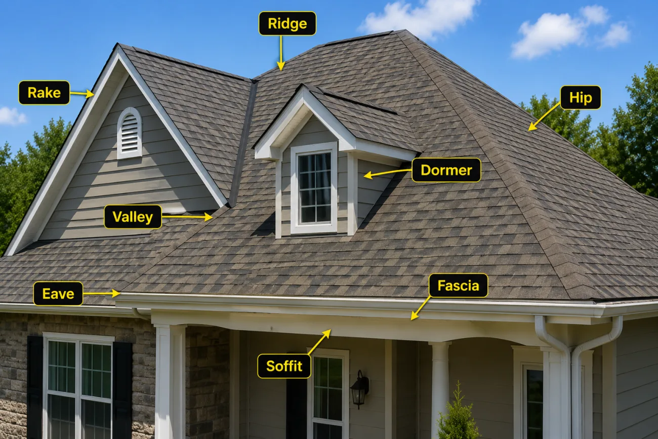 Annotated roof anatomy diagram labeling ridge, rake, hip, valley, dormer, eave, soffit, and fascia