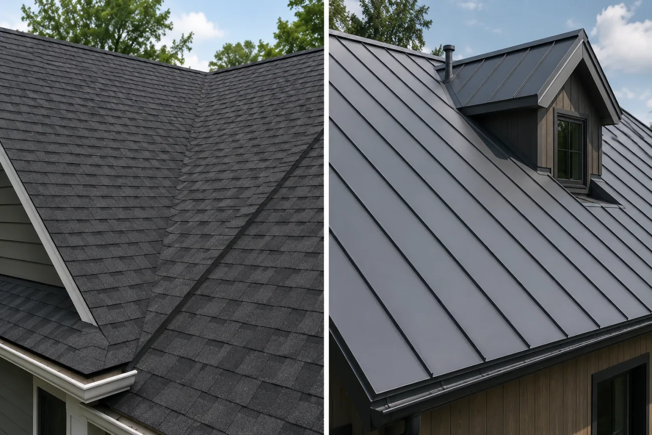 Architectural asphalt shingles and a standing-seam metal roof shown side by side